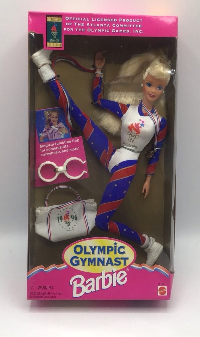 Vintage 1996 Olympic Gymnast Barbie Mattel Atlanta 1996 Leotard & Bag NRFB
